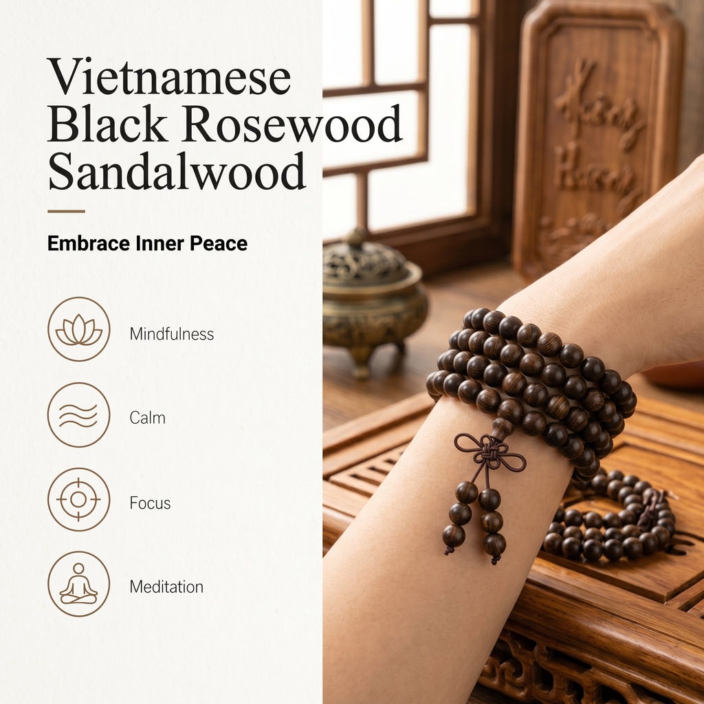 Natural Vietnamese Black Rosewood Traditional Chinese Prayer Beads (Artisanal Meditation Edition)
