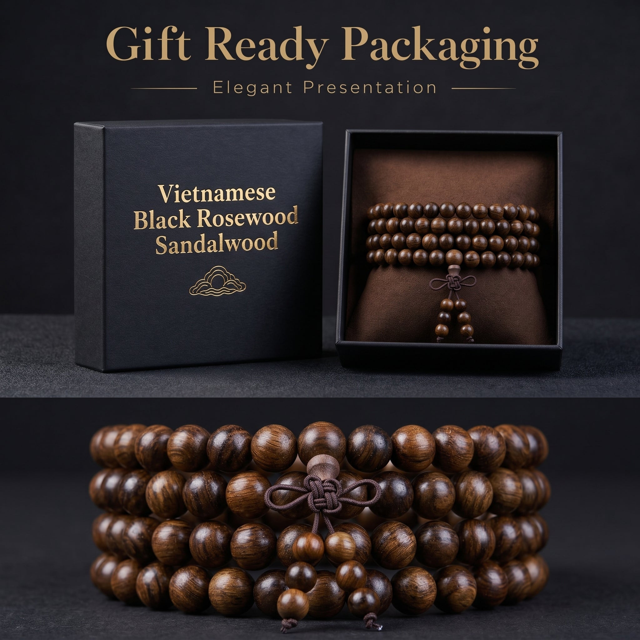 Natural Vietnamese Black Rosewood Traditional Chinese Prayer Beads (Artisanal Meditation Edition)