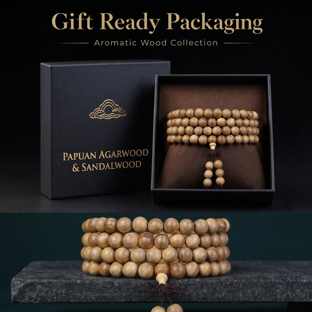 Natural Papua Agarwood Hand-Carved Chinese Prayer Beads (Exotic Oud Meditation Edition)