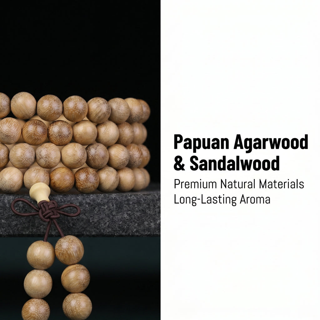 Natural Papua Agarwood Hand-Carved Chinese Prayer Beads (Exotic Oud Meditation Edition)