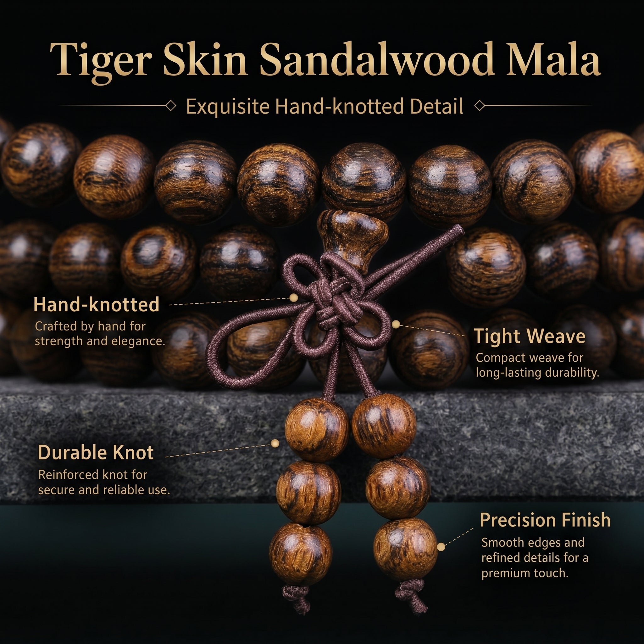 Natural Tiger-Stripe Sandalwood Traditional Chinese Prayer Beads (Exotic Zebrawood Artisan Edition)