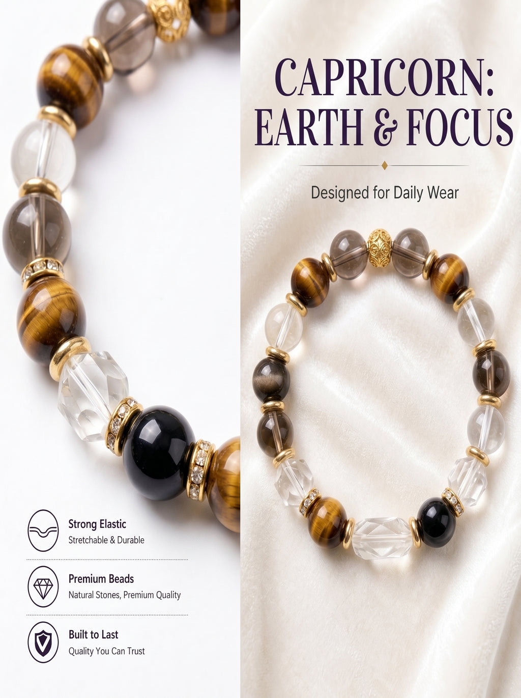Capricorn Sovereign Shield Crystal Bracelet | Obsidian & Smoky Quartz Talisman