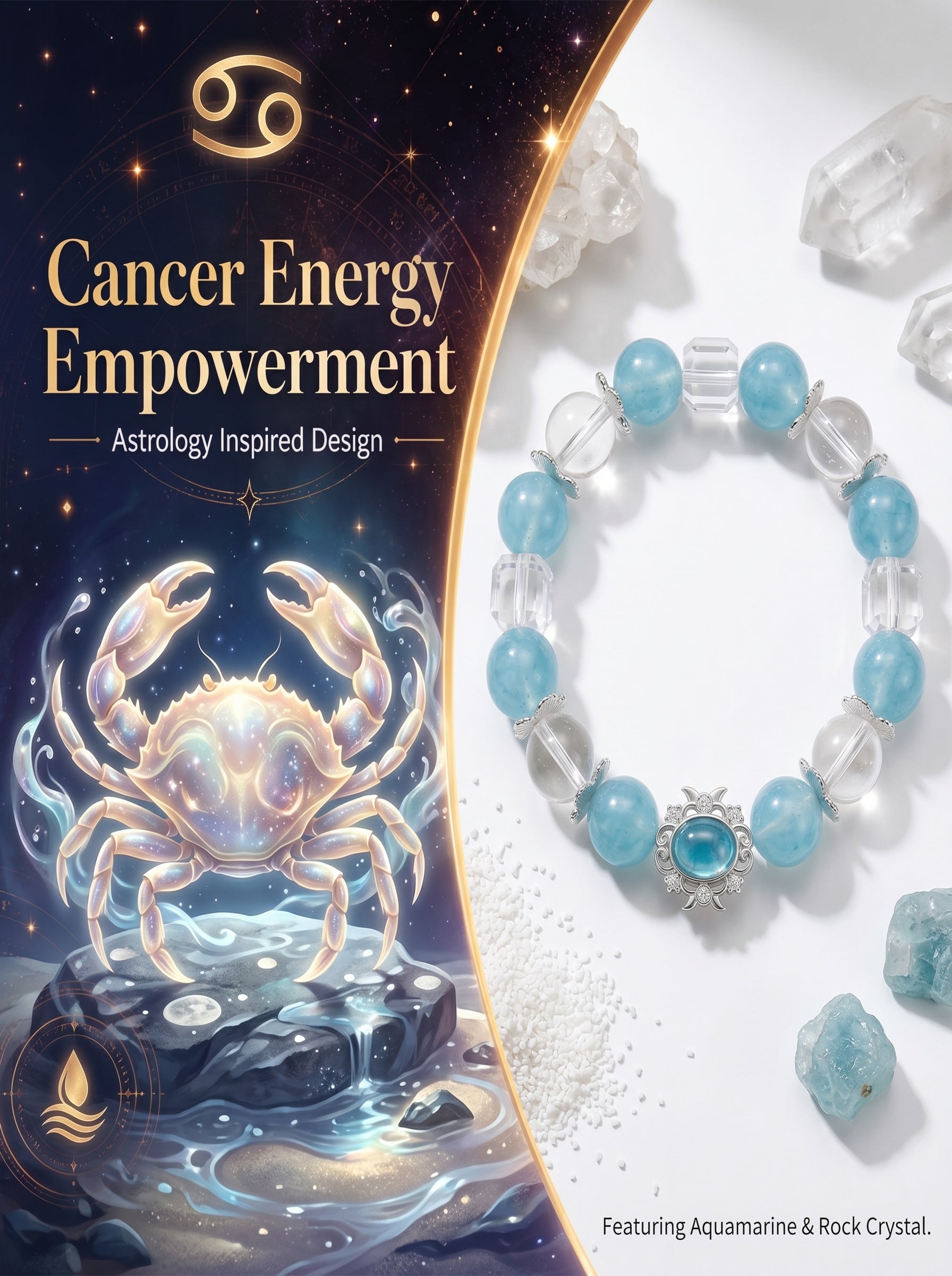 Cancer Sovereign Psychic Crystal Bracelet | Moonstone & Aquamarine Talisman