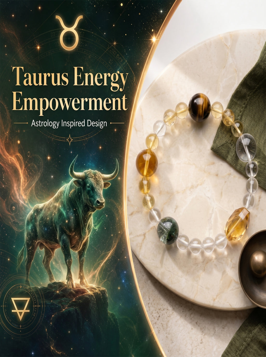 Taurus Sovereign Abundance Crystal Bracelet | Green Phantom & Citrine Talisman