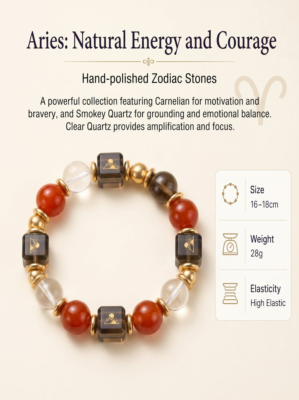 Aries Sovereign Protection Crystal Bracelet | Carnelian & Smoky Quartz Talisman