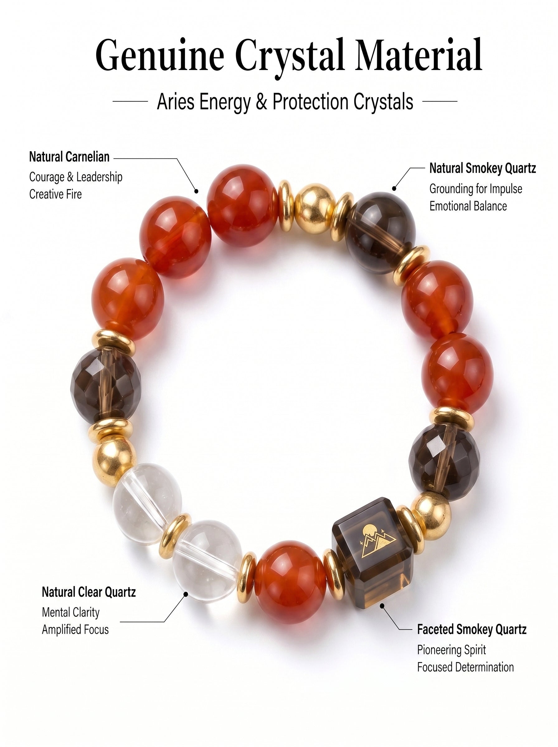 Aries Sovereign Protection Crystal Bracelet | Carnelian & Smoky Quartz Talisman