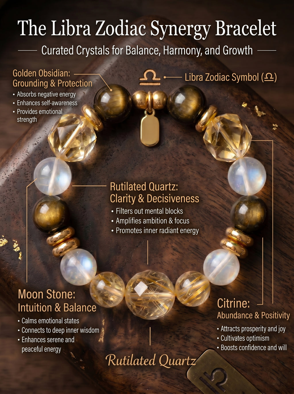 Libra Imperial Aesthetic Wealth Crystal Bracelet | Gold Rutilated & Madagascar Rose Quartz