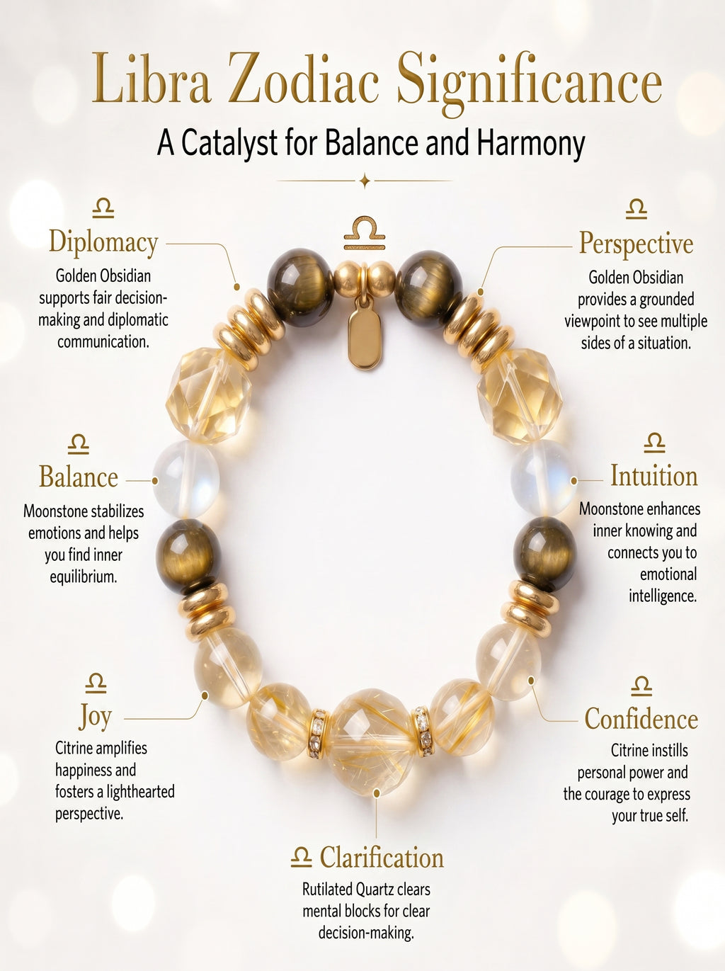 Libra Imperial Aesthetic Wealth Crystal Bracelet | Gold Rutilated & Madagascar Rose Quartz