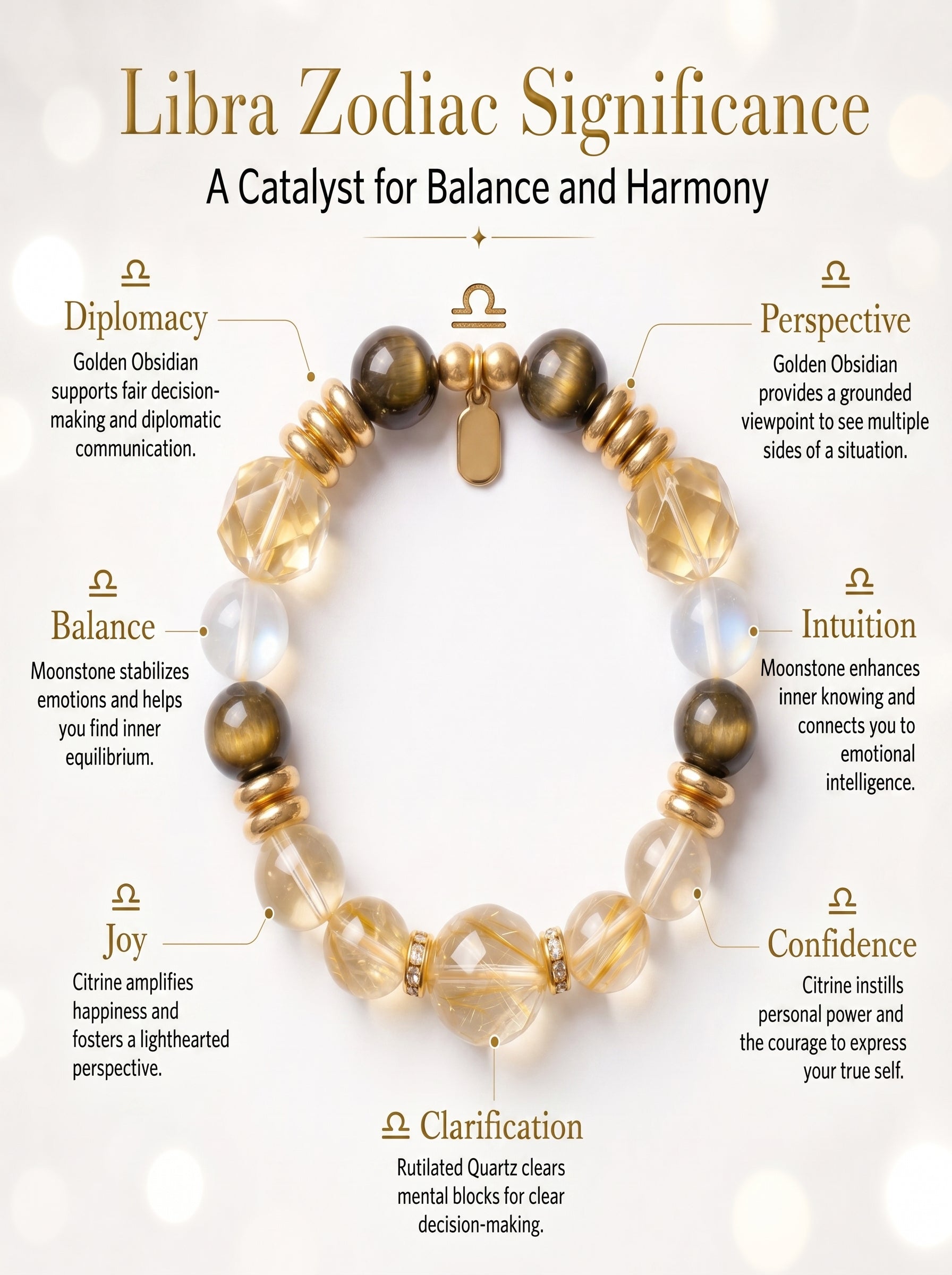 Libra Imperial Aesthetic Wealth Crystal Bracelet | Gold Rutilated & Madagascar Rose Quartz