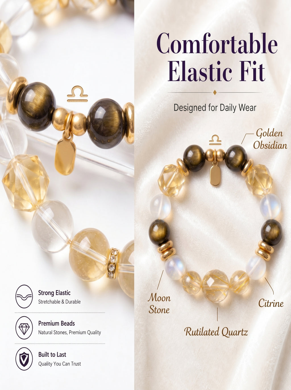 Libra Imperial Aesthetic Wealth Crystal Bracelet | Gold Rutilated & Madagascar Rose Quartz