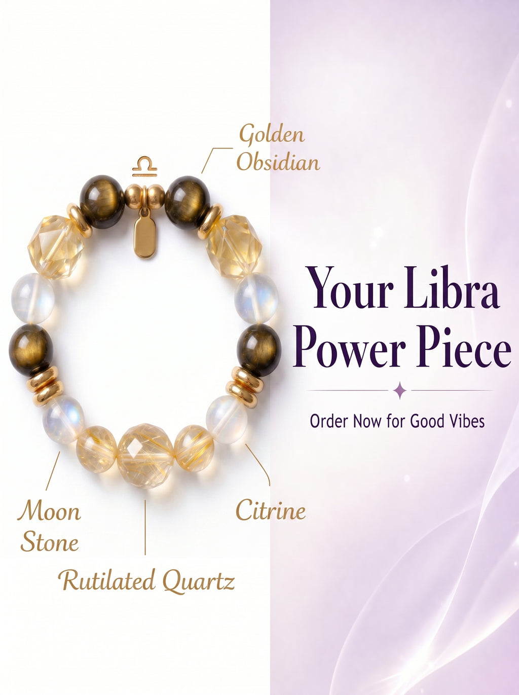 Libra Imperial Aesthetic Wealth Crystal Bracelet | Gold Rutilated & Madagascar Rose Quartz