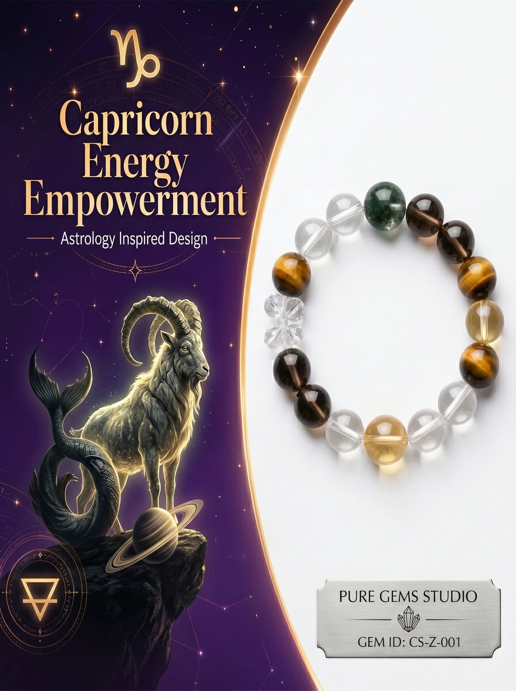 Capricorn Empire Manifestation Crystal Bracelet | Rutilated Quartz & Tiger's Eye Talisman