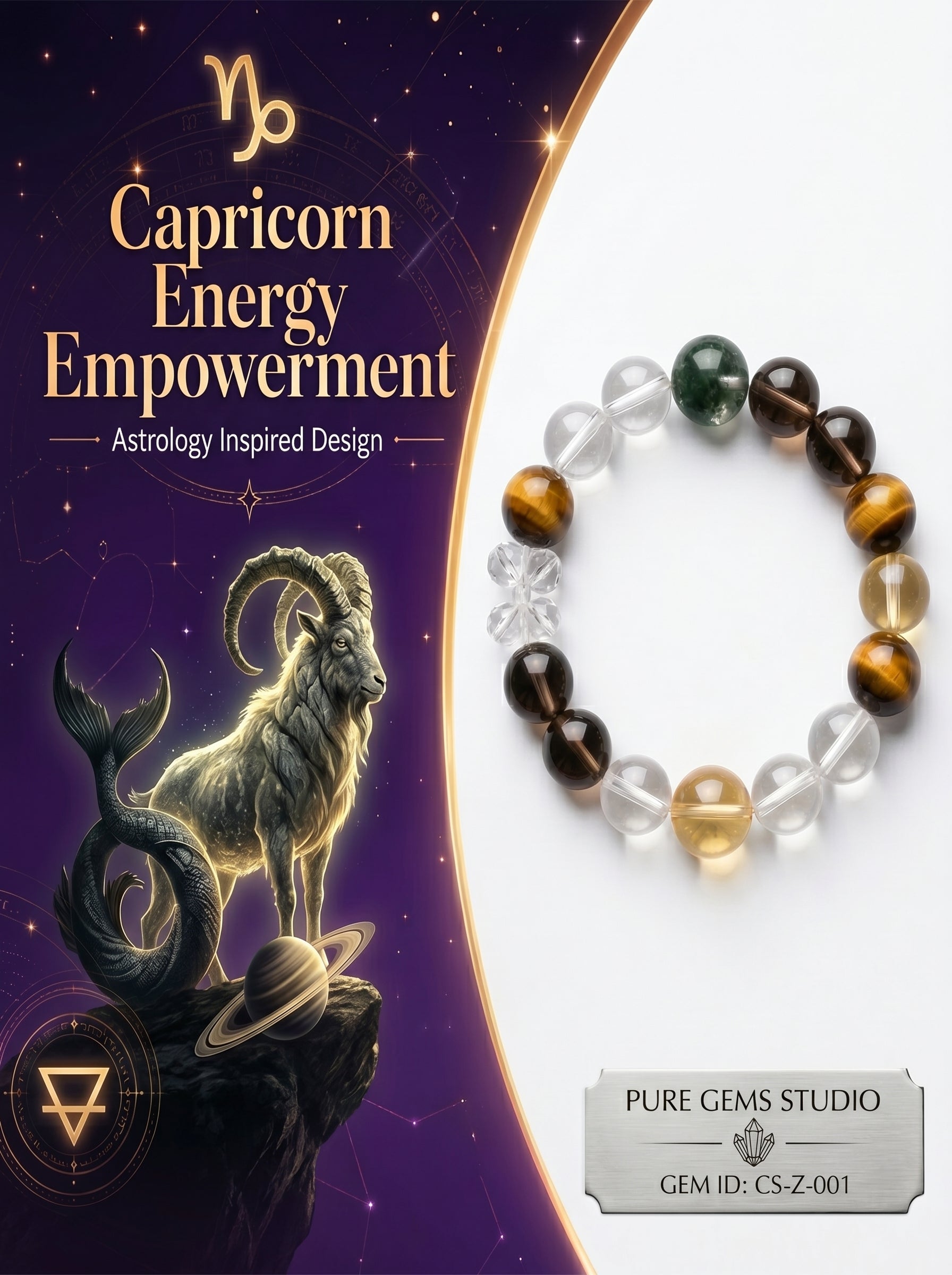 Capricorn Empire Manifestation Crystal Bracelet | Rutilated Quartz & Tiger's Eye Talisman