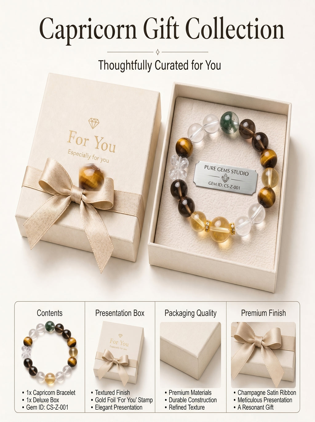 Capricorn Empire Manifestation Crystal Bracelet | Rutilated Quartz & Tiger's Eye Talisman