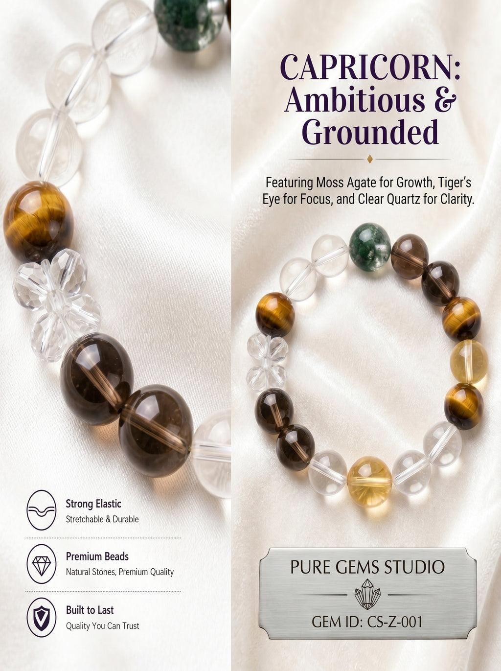 Capricorn Empire Manifestation Crystal Bracelet | Rutilated Quartz & Tiger's Eye Talisman