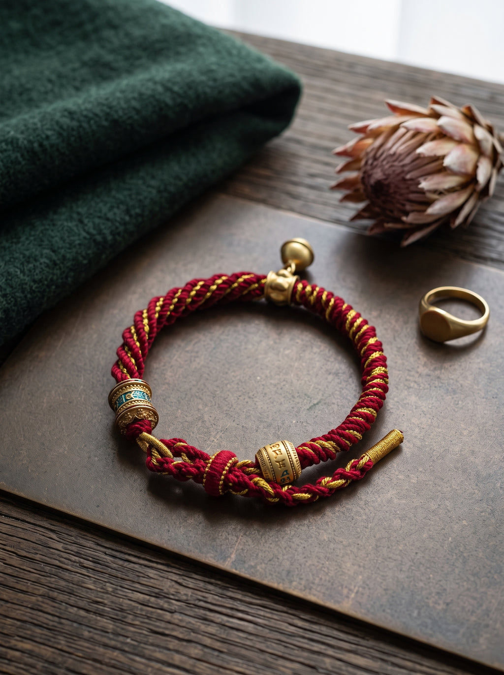 "Vajra Shield" Tibetan Handcrafted Amulet Cord: Pure Gold Thread Knot, Cinnabar/Meteoric Iron Matrix for Executive Protection