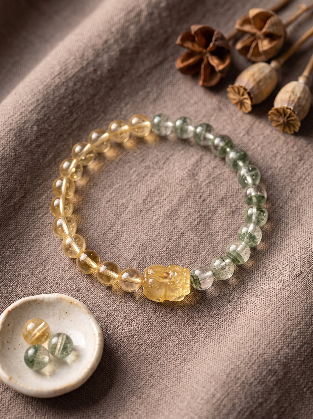 "Sovereign Wealth Matrix" Natural Citrine and Green Phantom Quartz Bracelet: Dual Alignment of Solar Plexus & Heart Chakra for Scaling & Arbitrage