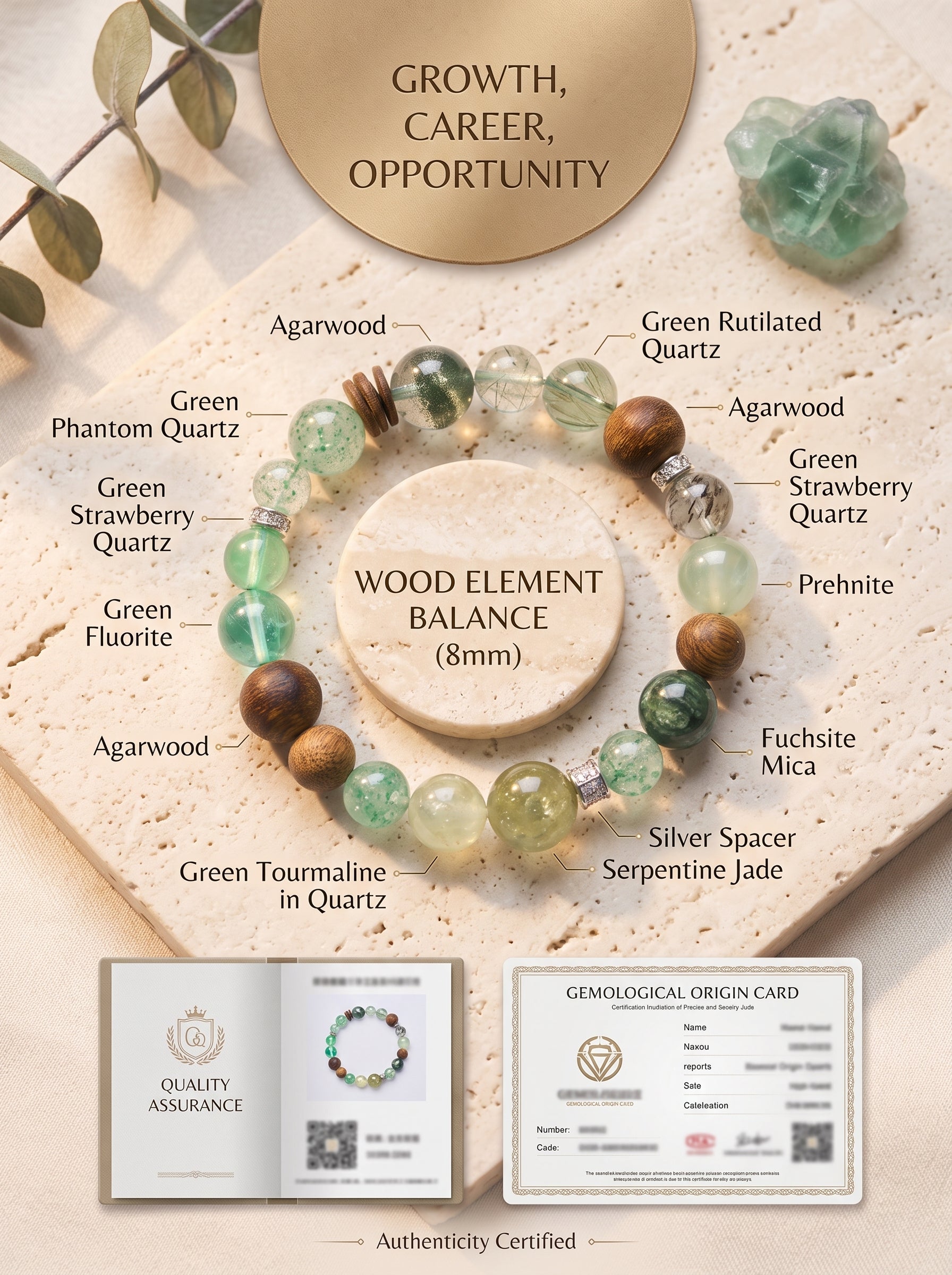 "Five Elements: Wood" Green Phantom Quartz Bracelet: Tiered Mountain Matrix for Breaking Scaling Plateaus and Manifesting Enterprise Wealth
