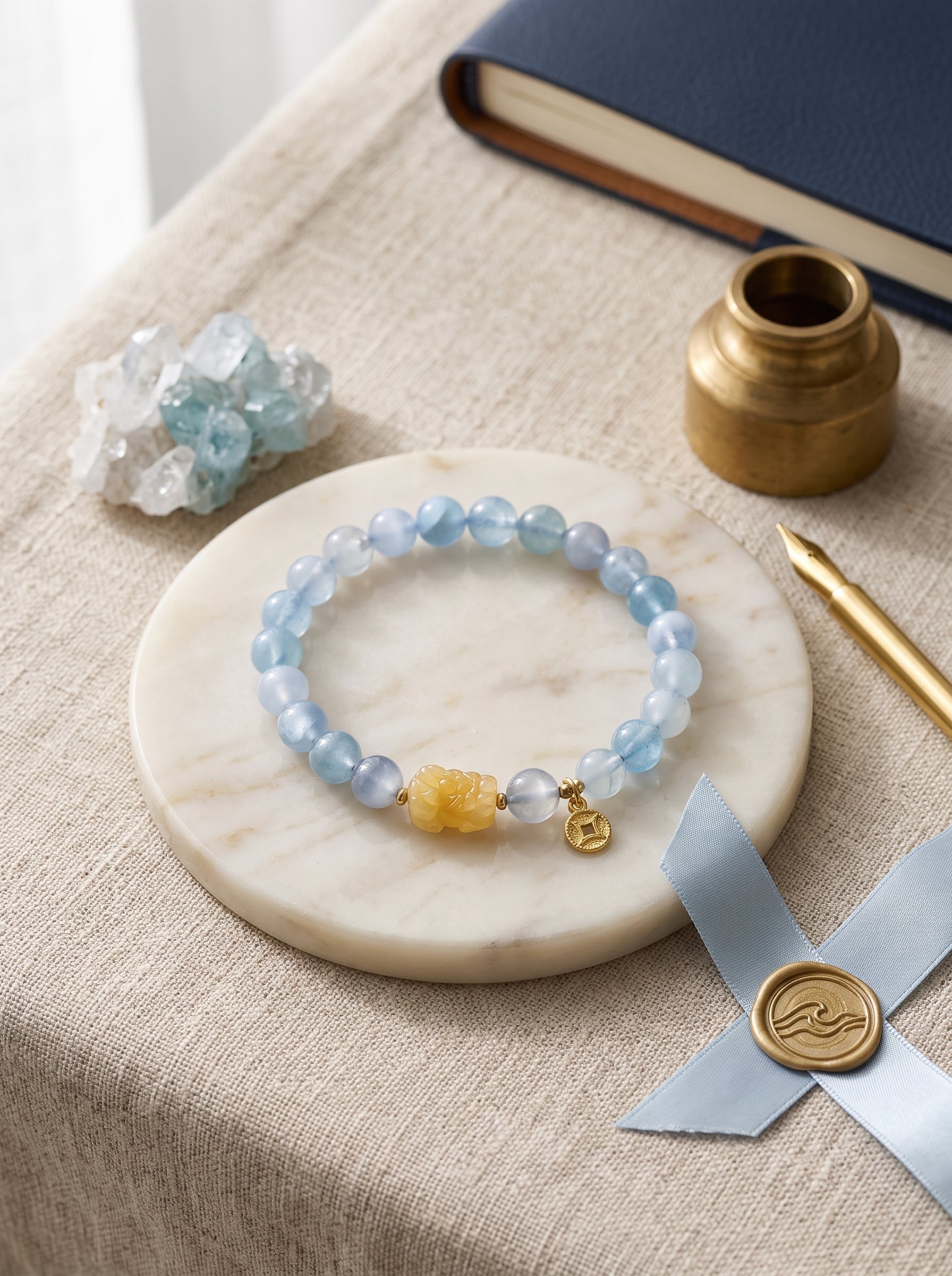 "Deep Sea Gold" Premium Natural Aquamarine & Amber Composite Energy Bracelet: Throat & Solar Plexus Alignment, Dissolve Communication Anxiety & Manifest Executive Authority