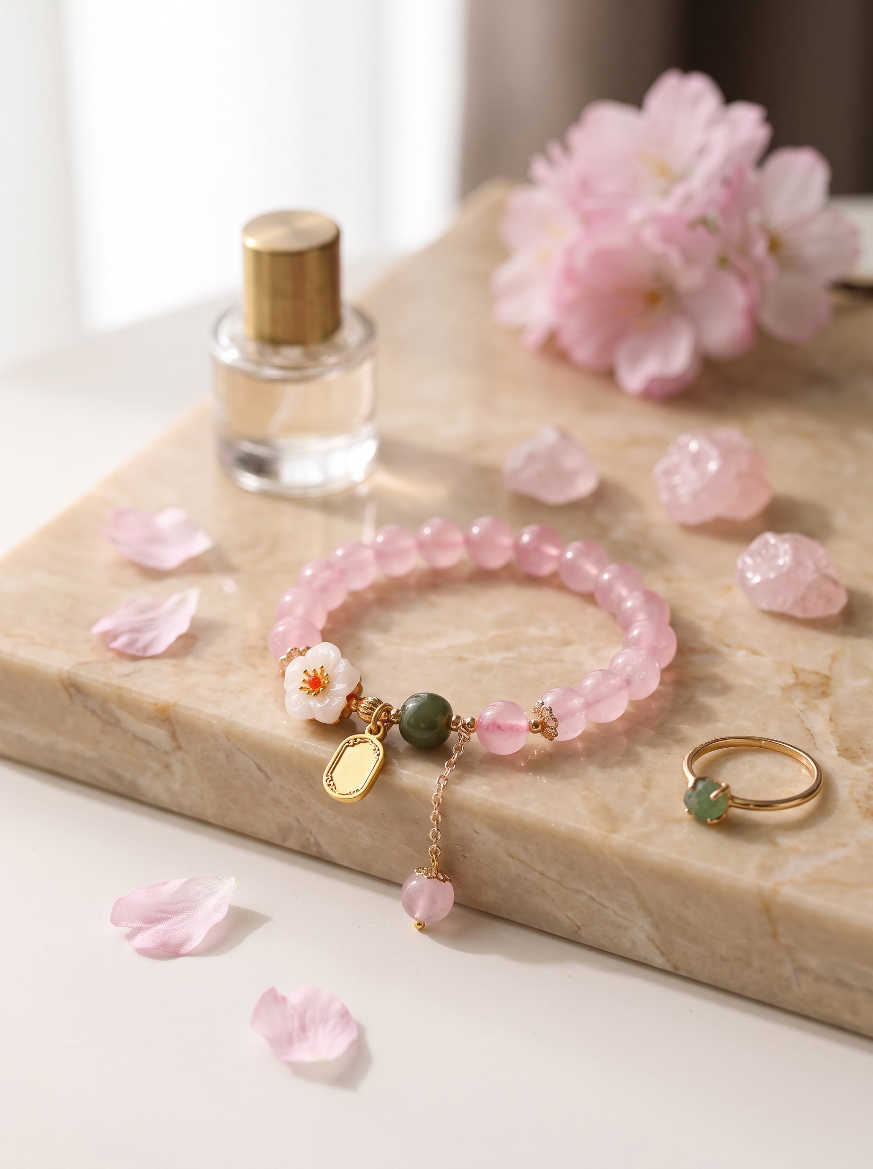 Sakura Moment" Premium Natural Sakura Agate & Clear Quartz Energy Bracelet: Heart Chakra Alignment, Dissolve Defensive Burnout & Manifest Sovereign Charisma
