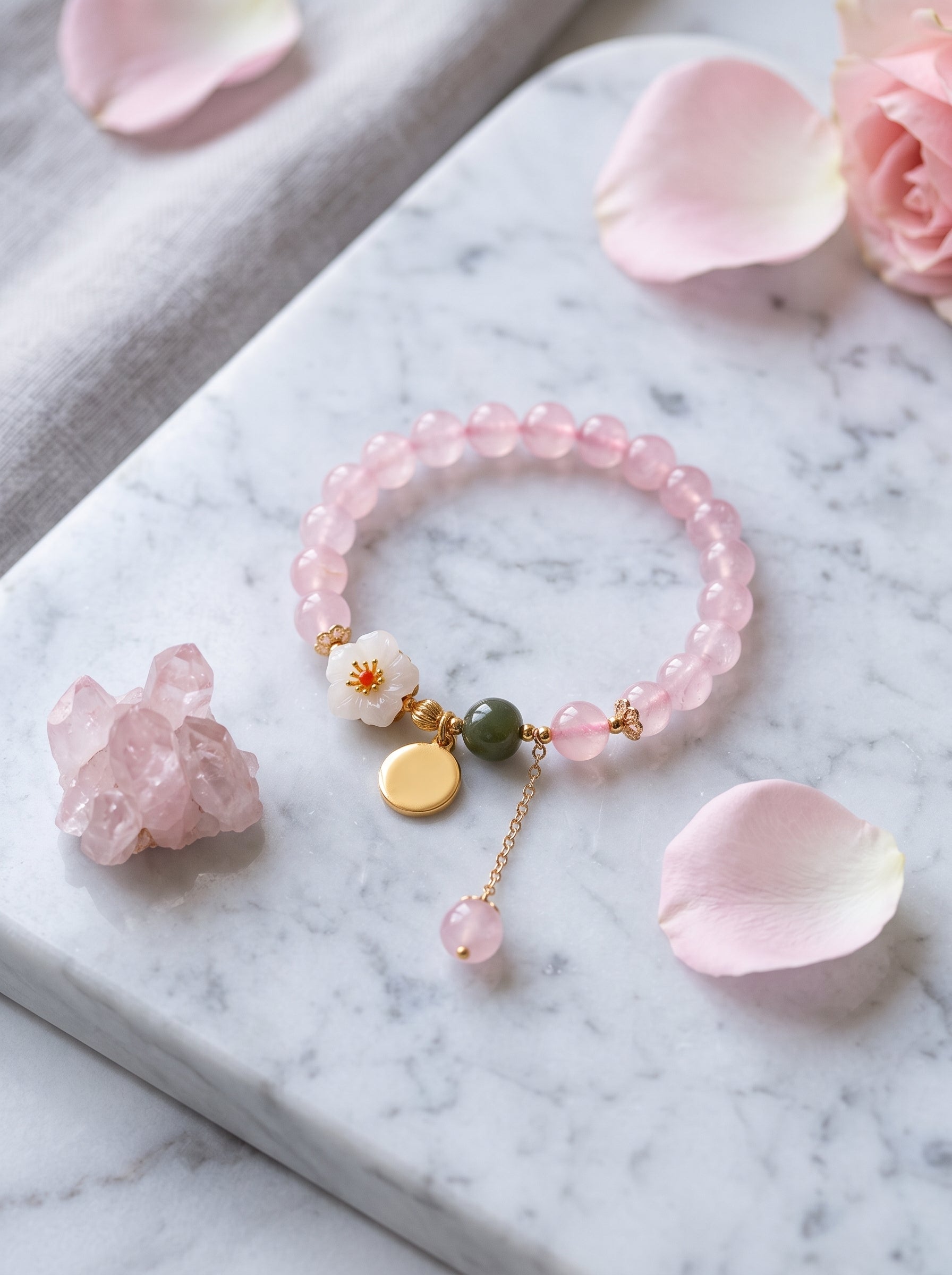 Sakura Moment" Premium Natural Sakura Agate & Clear Quartz Energy Bracelet: Heart Chakra Alignment, Dissolve Defensive Burnout & Manifest Sovereign Charisma