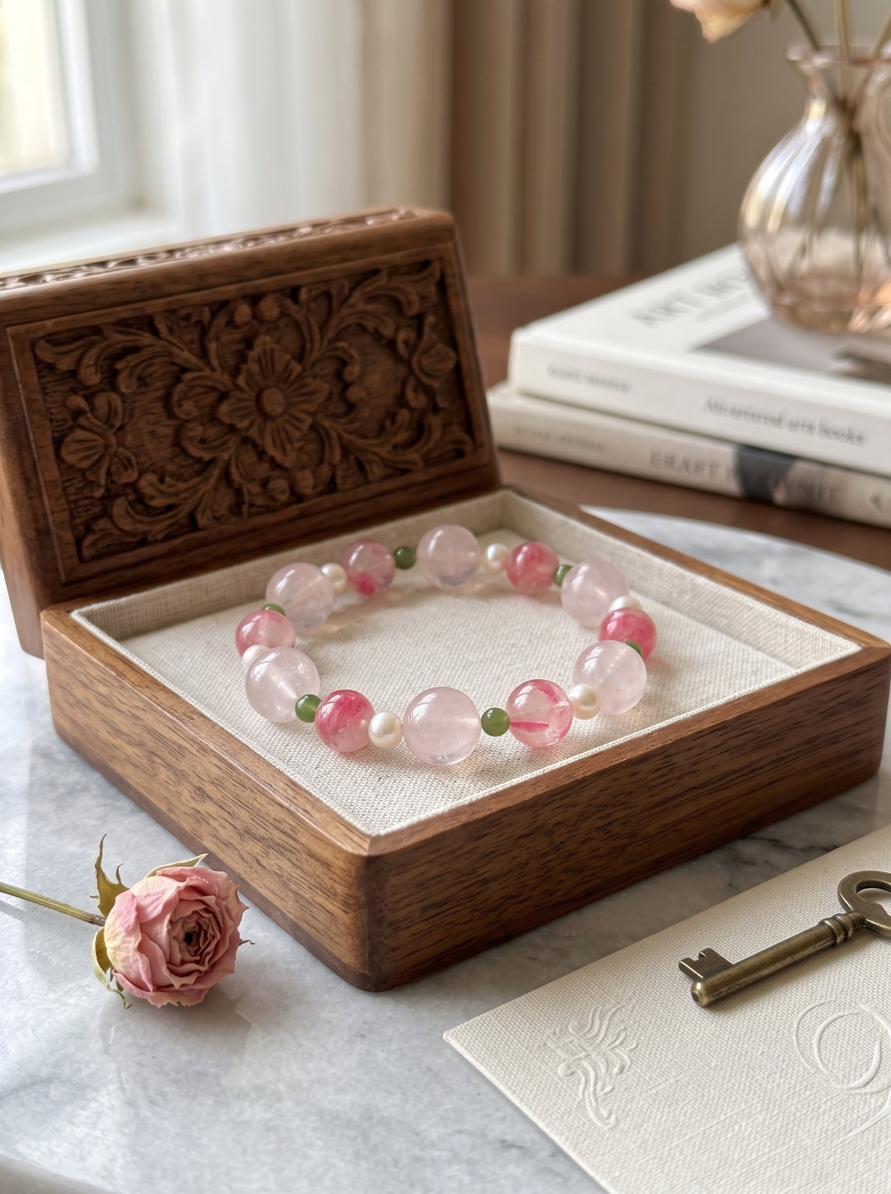🌸The Synthesis of Gentle Power | Rose Quartz, Freshwater Pearl, Rhodonite & Jasper Beaded Bracelet
