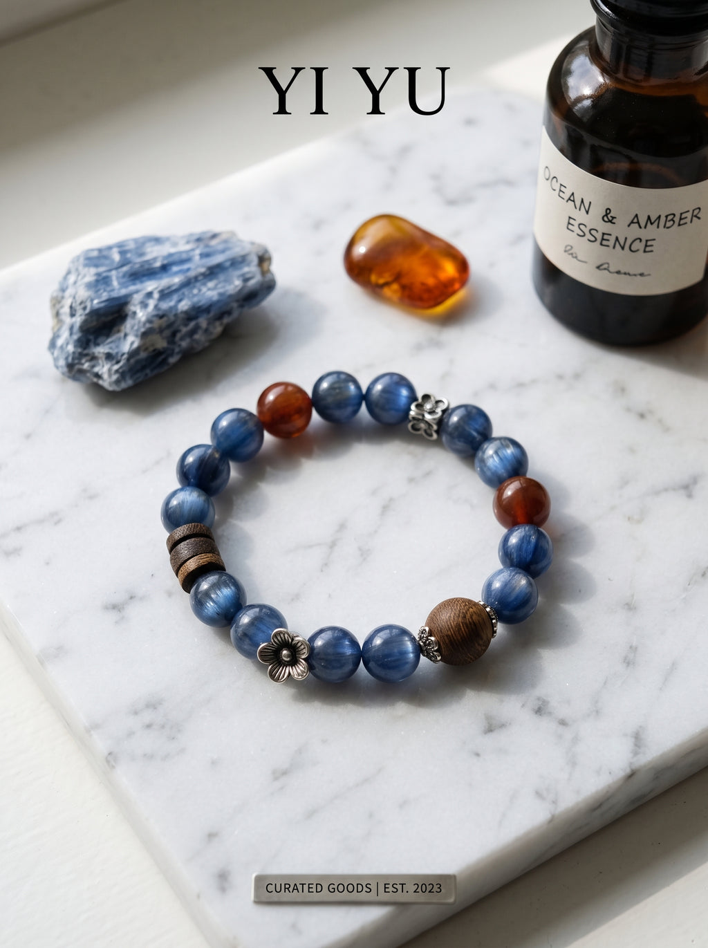 🪵The Resonance of Quiet Depth | Natural Kyanite, Rabbit-Hair Quartz & Agarwood Beaded Bracelet