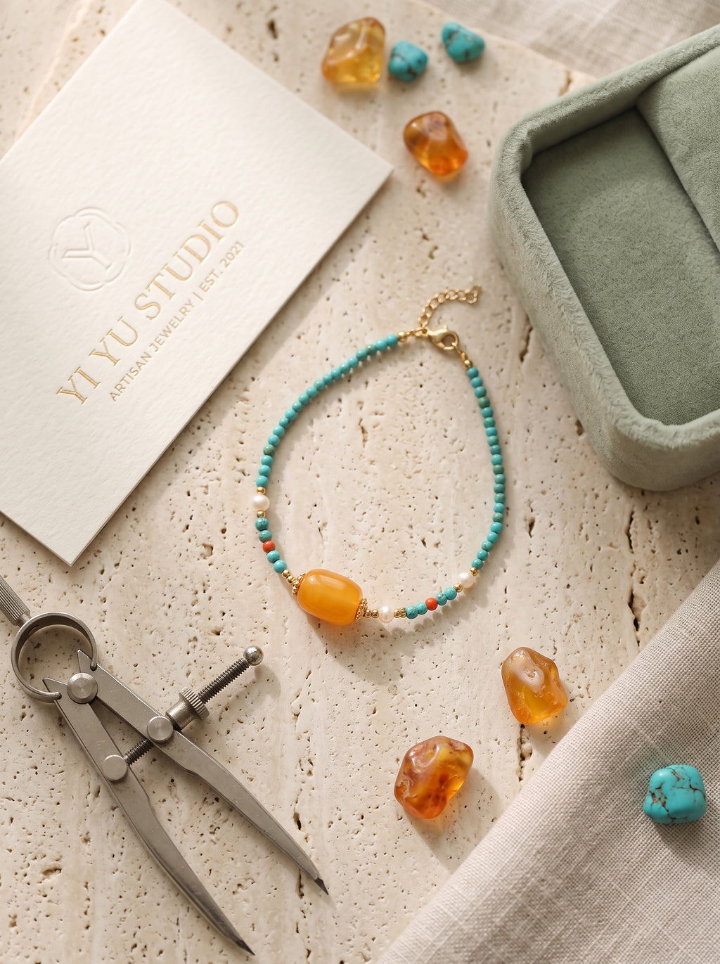 The Resonance of Primal Balance | Natural Baltic Amber & Turquoise Beaded Bracelet