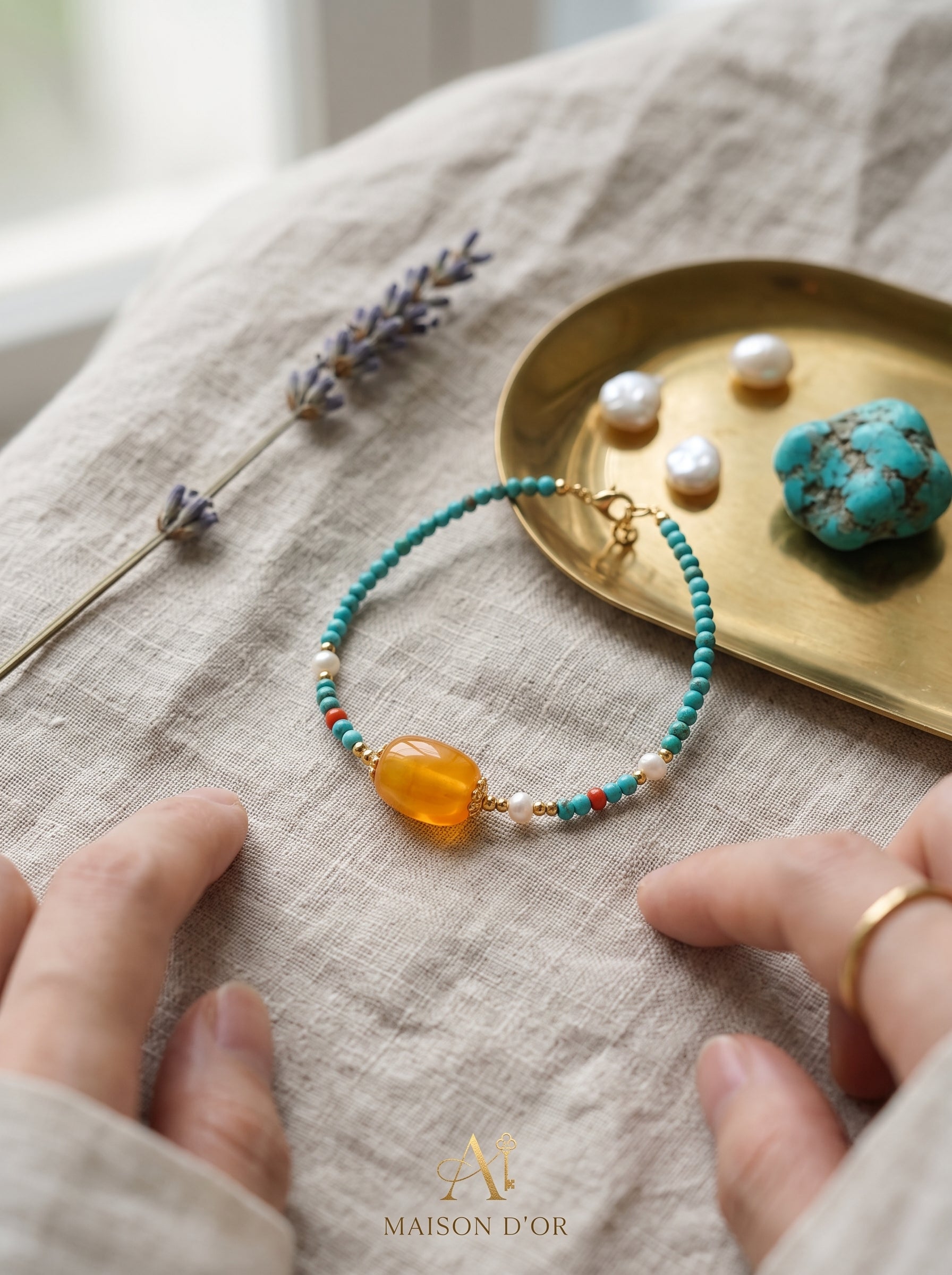 The Resonance of Primal Balance | Natural Baltic Amber & Turquoise Beaded Bracelet