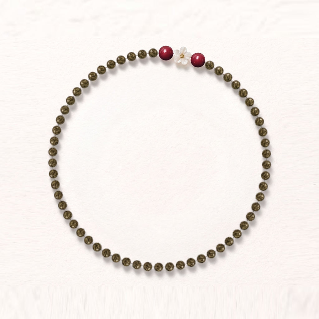 Artisanal Green Ebony & Red Stone Collarchain with Mother-of-Pearl Flower: Double-Loop Versatile Wooden Necklace — Himalayan Ridge