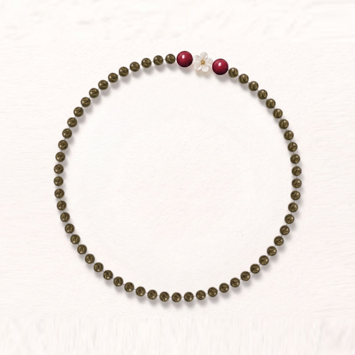 Artisanal Green Ebony & Red Stone Collarchain with Mother-of-Pearl Flower: Double-Loop Versatile Wooden Necklace — Himalayan Ridge