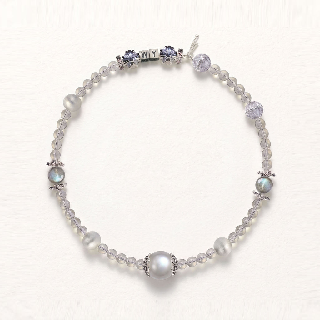 Natural Celestial Grey Labradorite & Clear Quartz Double-Loop Signature Collarchain: Versatile Initial Necklace — Himalayan Ridge