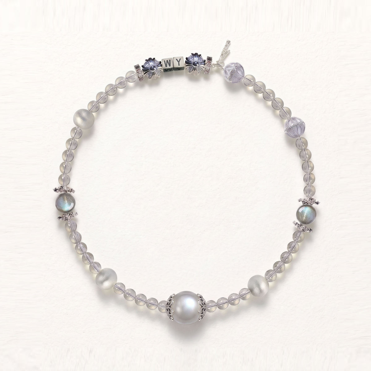 Natural Celestial Grey Labradorite & Clear Quartz Double-Loop Signature Collarchain: Versatile Initial Necklace — Himalayan Ridge