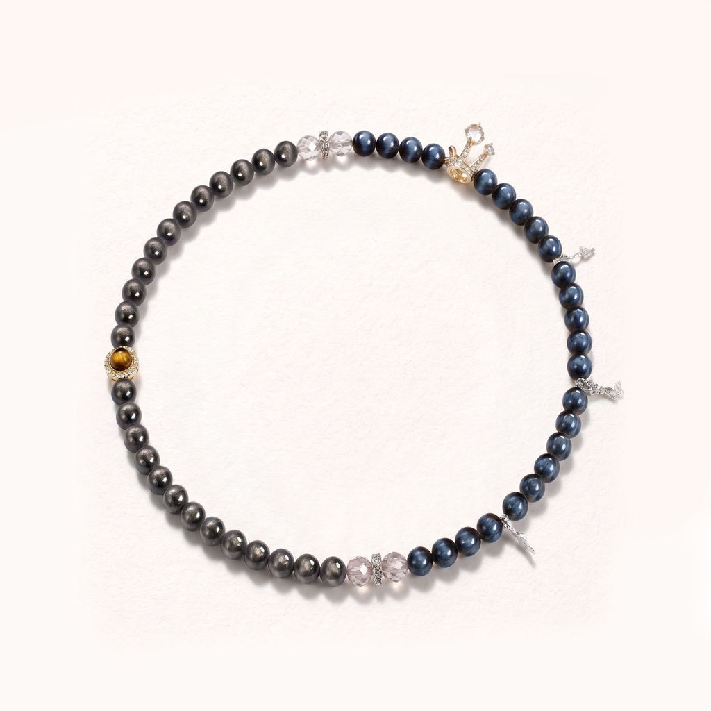 Natural Cosmic Silver Obsidian & Luminous Blue Tiger's Eye Double-Loop Fusion Collarchain: Versatile Necklace — Alpine Zone