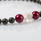 Artisanal Green Ebony & Red Stone Collarchain with Mother-of-Pearl Flower: Double-Loop Versatile Wooden Necklace — Himalayan Ridge