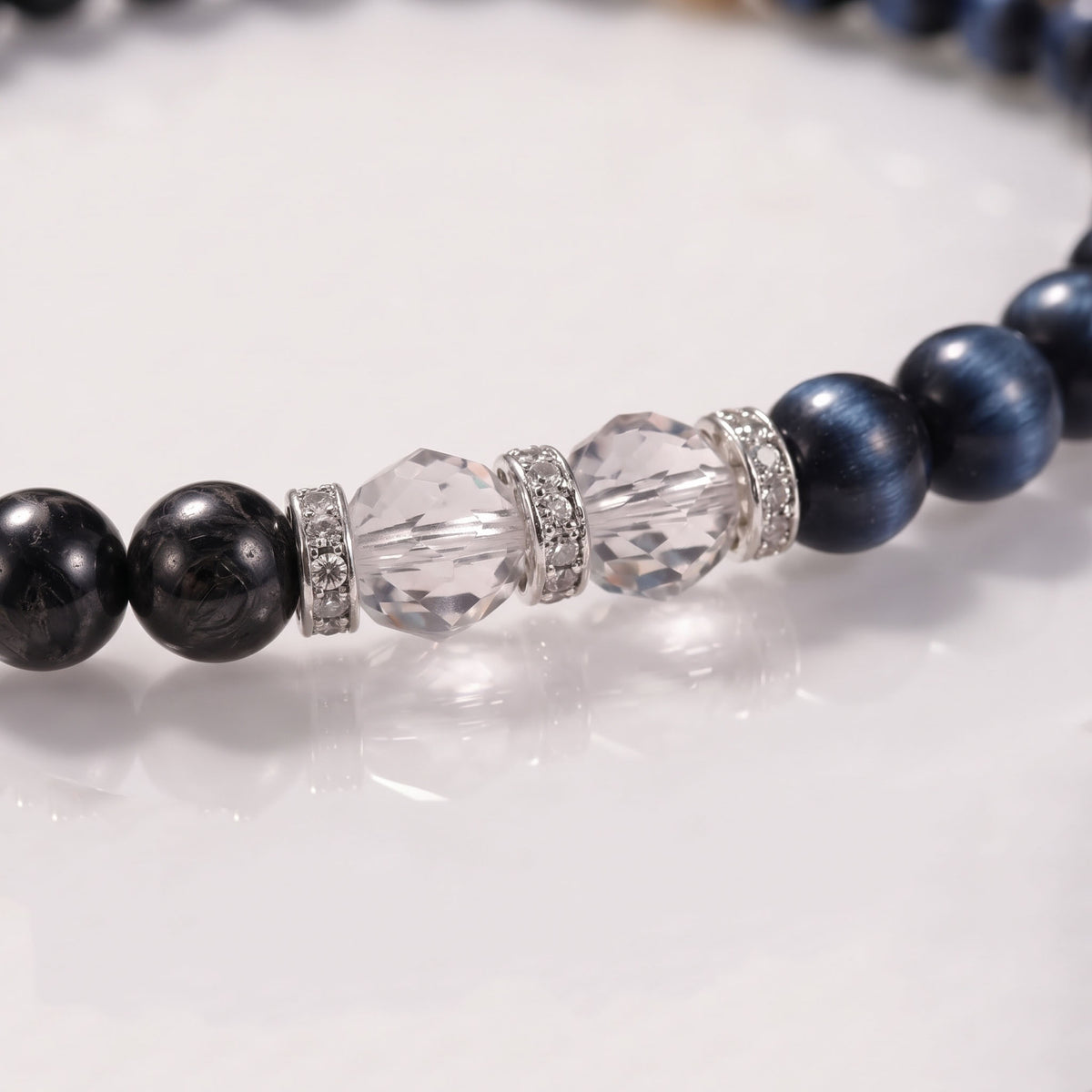 Natural Cosmic Silver Obsidian & Luminous Blue Tiger's Eye Double-Loop Fusion Collarchain: Versatile Necklace — Alpine Zone