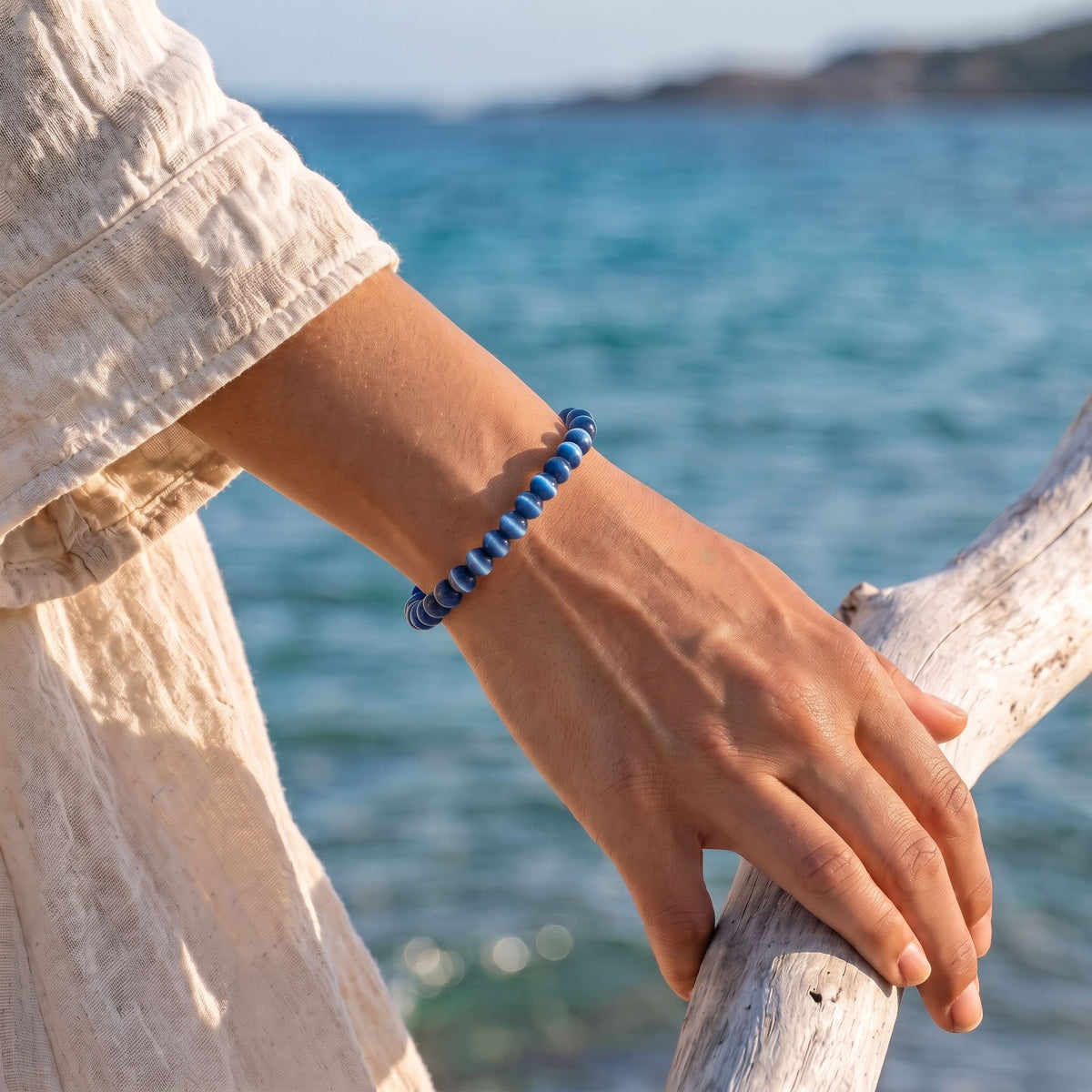 Natural Blue Tigers Eye Bead Bracelet, Serene Calm & Grounded Focus Gemstone Jewelry