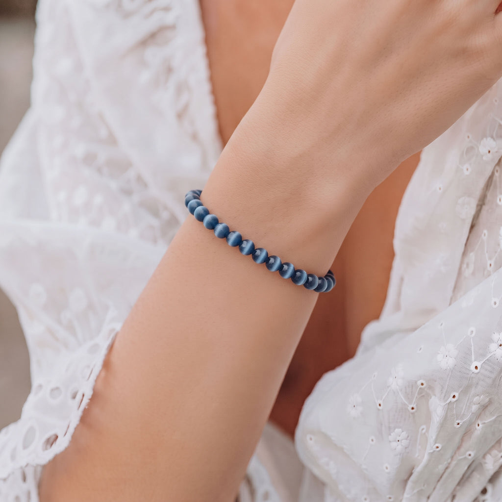 Natural Blue Tigers Eye Bead Bracelet, Serene Calm & Grounded Focus Gemstone Jewelry