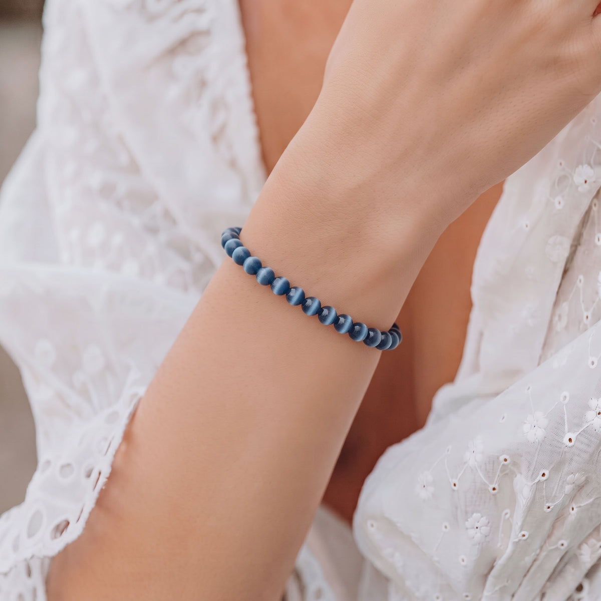 Natural Blue Tigers Eye Bead Bracelet, Serene Calm & Grounded Focus Gemstone Jewelry