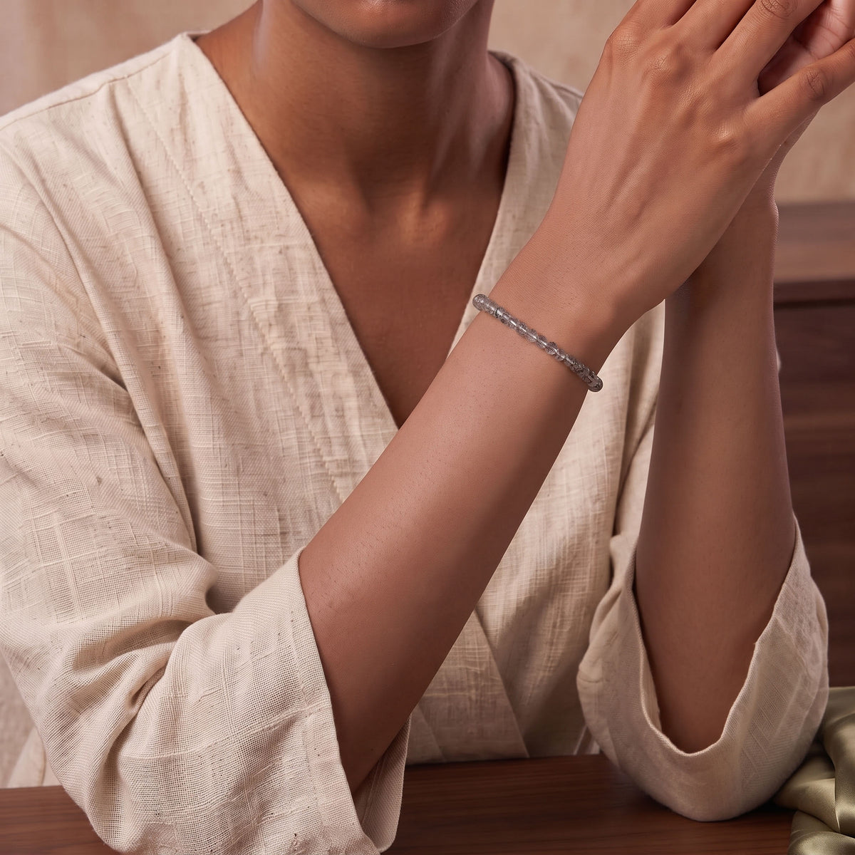 Natural Silver Rutilated Quartz Bead Bracelet, Serene Grace & Harmonious Flow Gemstone Jewelry