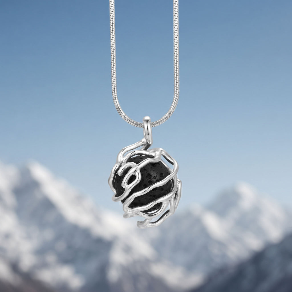 Volcanic Lava Stone Sphere Pendant | Sculpted Silver Cage Necklace