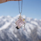 Rose Quartz Diamond Crystal Pendant | Wire-Wrapped Butterfly & Daisy Necklace