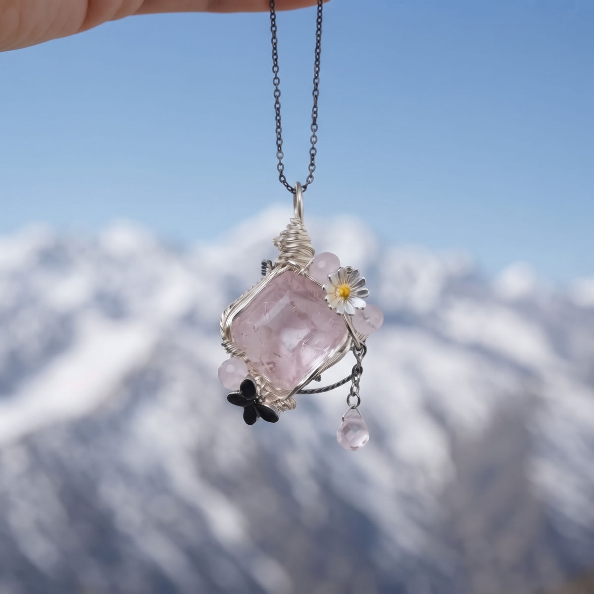 Rose Quartz Diamond Crystal Pendant | Wire-Wrapped Butterfly & Daisy Necklace