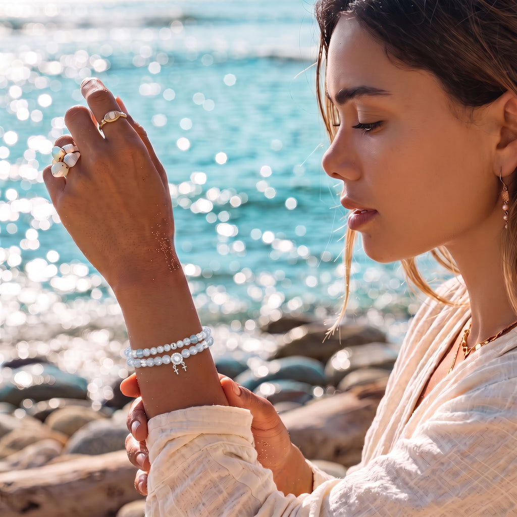 Clear Quartz & Ocean Aquamarine Double-Loop Serenity