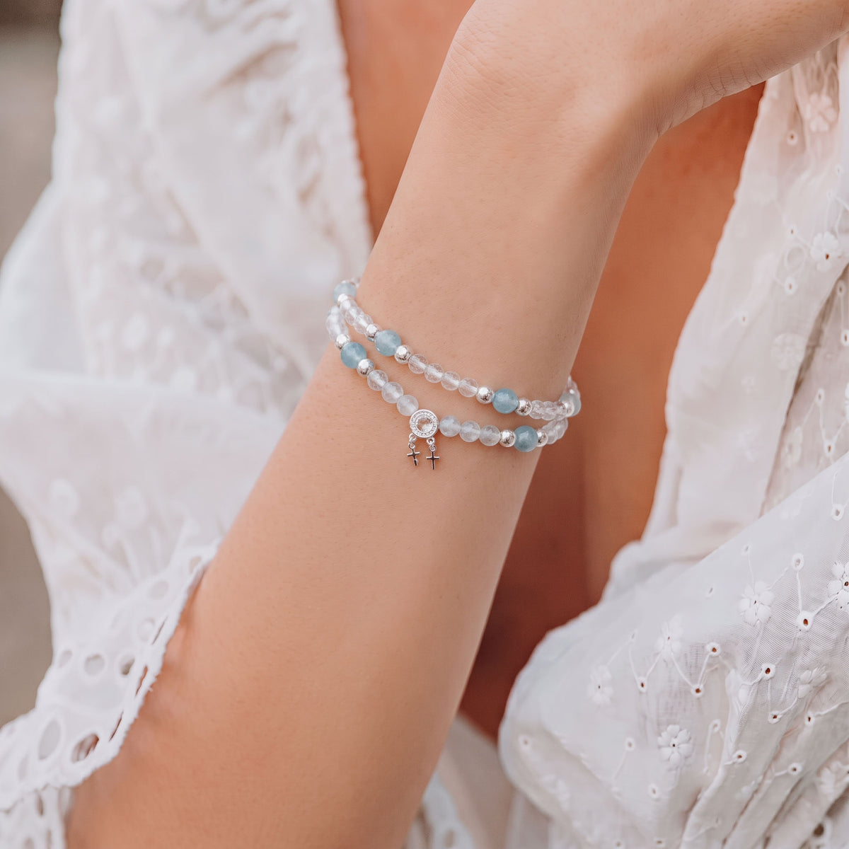 Clear Quartz & Ocean Aquamarine Double-Loop Serenity