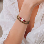 Artisanal Green Ebony & Red Stone Collarchain with Mother-of-Pearl Flower: Double-Loop Versatile Wooden Necklace — Himalayan Ridge