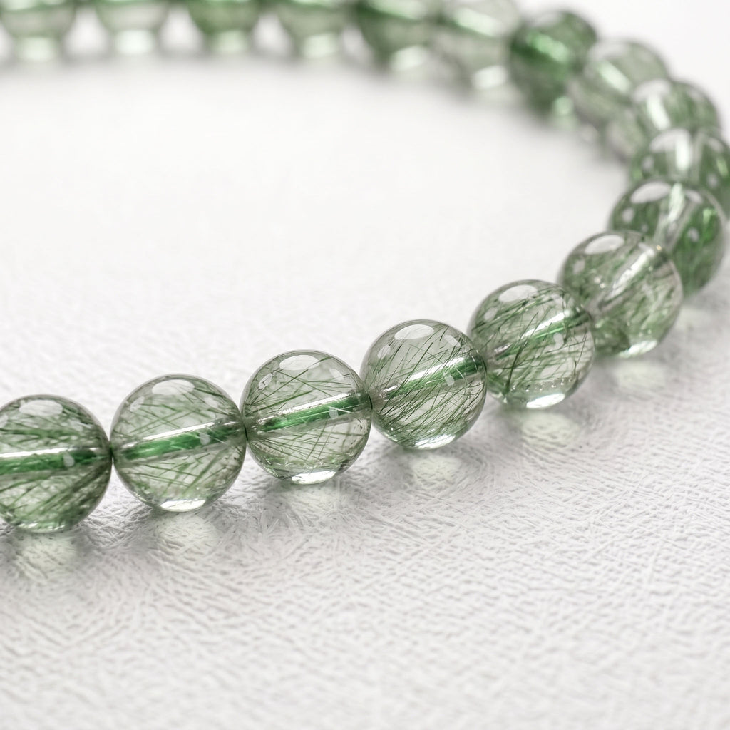 Natural Green Rutilated Quartz Bead Bracelet, Radiant Vitality & Harmonious Flow Gemstone Jewelry