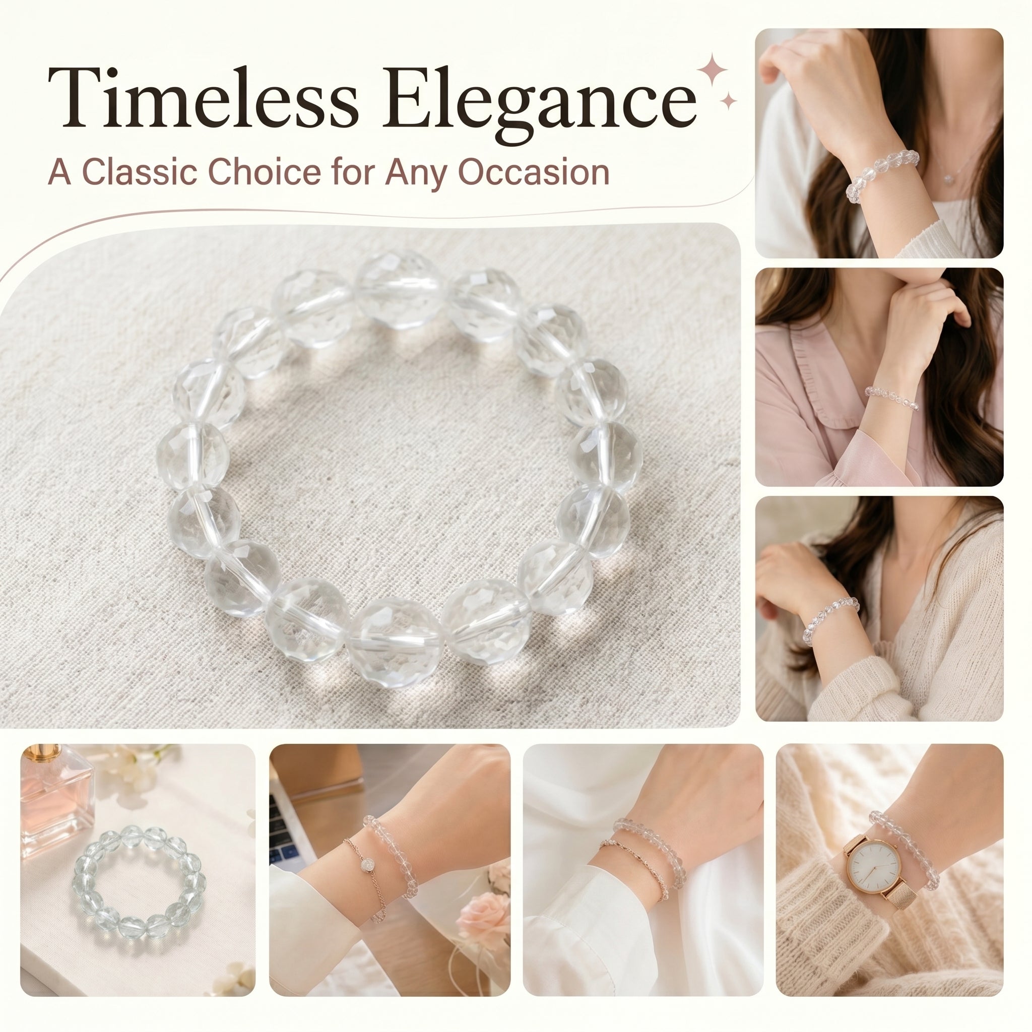Premium Clear Quartz Beaded Bracelet | Hand-Polished Natural Gemstone Jewelry for Mindfulness & Balance