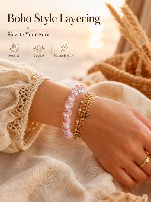 Premium Pink & White Phantom Beaded Bracelet | Hand-Polished Natural Gemstone Jewelry for Inner Peace & Clarity