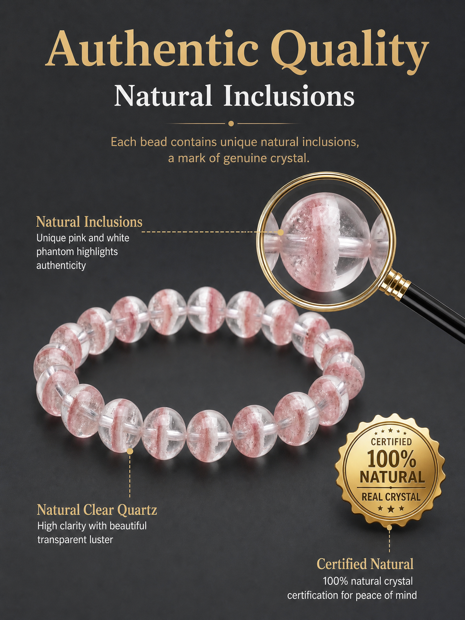 Premium Pink & White Phantom Beaded Bracelet | Hand-Polished Natural Gemstone Jewelry for Inner Peace & Clarity